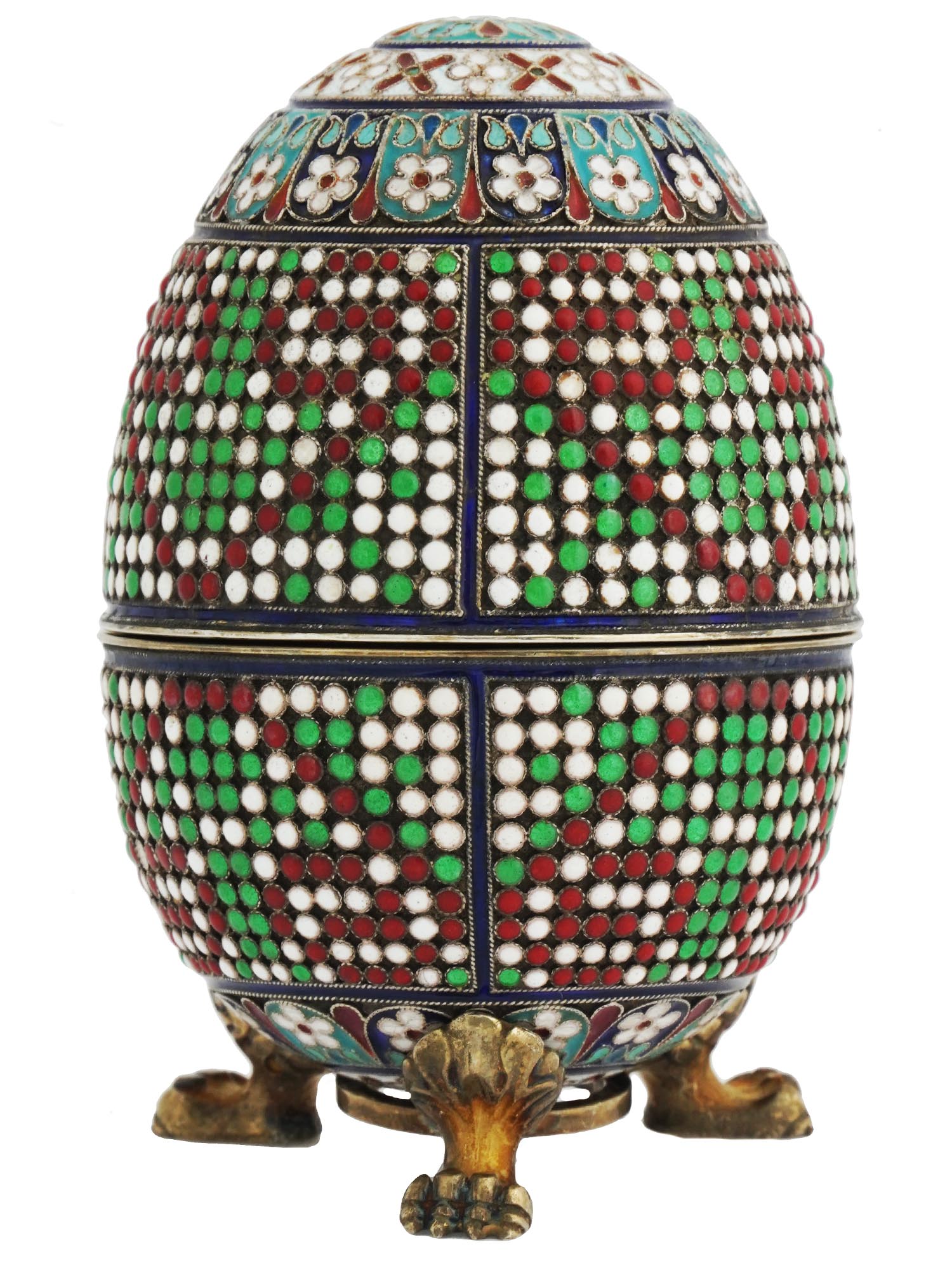 RUSSIAN GILT SILVER ENAMEL EGG CASKET ON STAND PIC-0